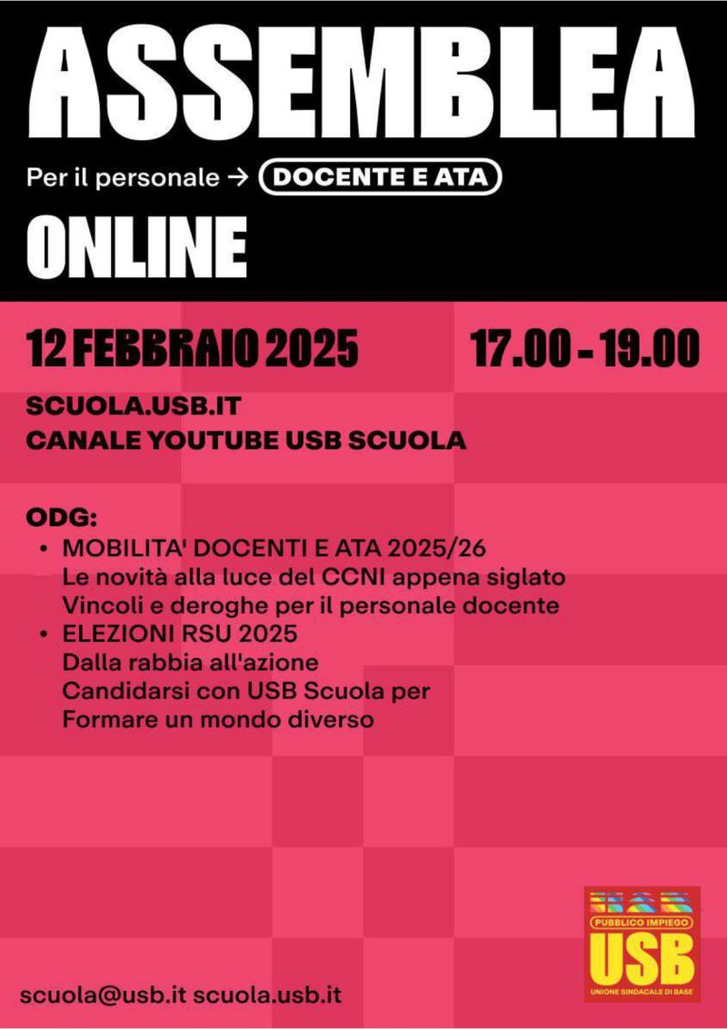 USB SCUOLA - Assemblea online 12 febbraio ore 17 - 19