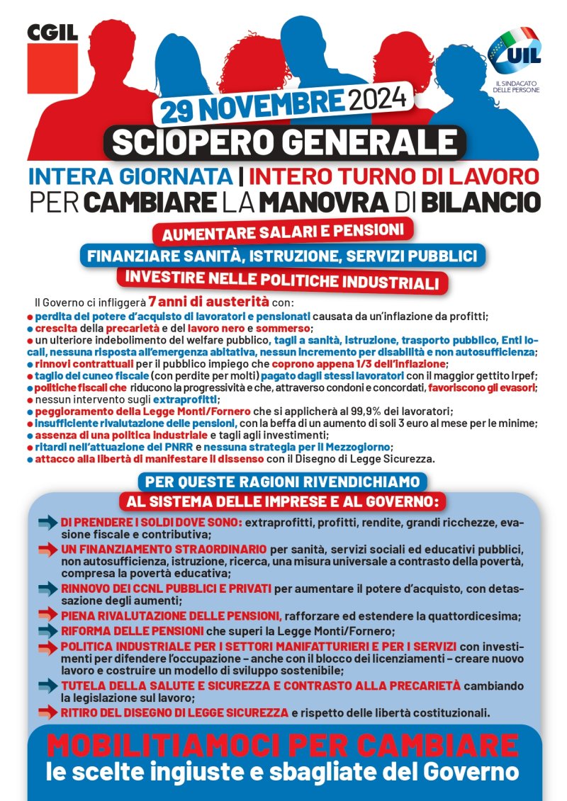 Sciopero generale 29 novembre 2024